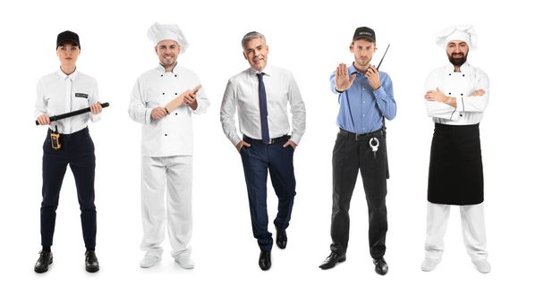 Collage con personas de diferentes profesiones sobre fondo blanco - Foto, imagen