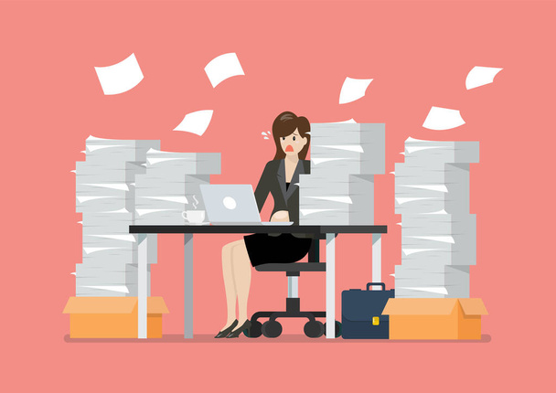 Busy overworked woman sitting at table with laptop and pile of p - Vector, Image