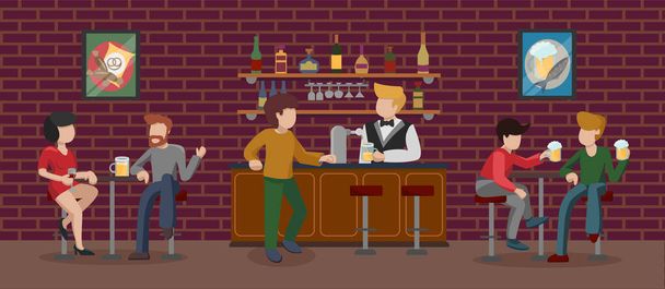 Bar interior room in building with brown brick wall. People having fun, sitting on high bar stools and drinking beer. The bartender at the counter pours alcohol to the visitor. Vector illustration - Vector, Image