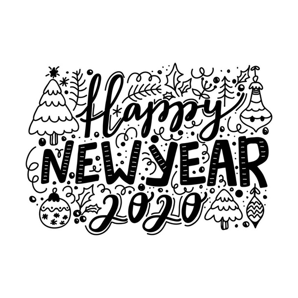 Feliz Ano Novo 2020 frase caligrafia. Bola de Natal, árvore, ramo de abeto, folhas de azevinho e elementos de decoração doodle
. - Vetor, Imagem