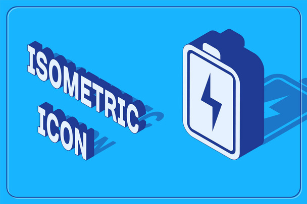 Isometric Battery icon isolated on blue background. Lightning bolt symbol. Vector Illustration - Vector, Image