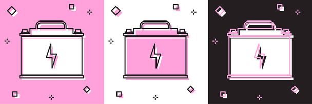 Zestaw ikona akumulatora samochodowego izolowane na różowym i białym, czarne tło. Akumulator energii baterii i akumulator energii elektrycznej baterii. Piorun. Ilustracja wektora - Wektor, obraz