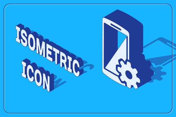 Isometric Setting on smartphone icon isolated on blue background. Mobile phone and gear. Adjusting, service, setting, maintenance, repair, fixing. Vector Illustration - Vector, Image