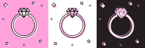 Set Diamanten verlovingsring pictogram geïsoleerd op roze en witte, zwarte achtergrond. Vector Illustratie - Vector, afbeelding