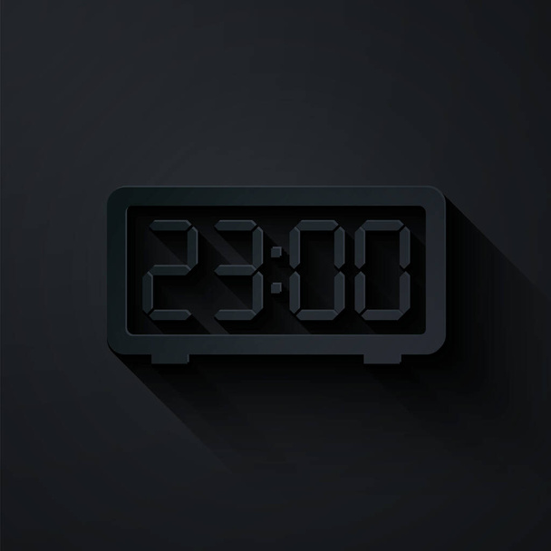Paper cut Digital alarm clock icon isolated on black background. Electronic watch alarm clock. Time icon. Paper art style. Vector Illustration - Διάνυσμα, εικόνα