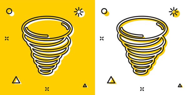 Ikona černého tornáda izolovaná na žlutém a bílém pozadí. Cyklón, vichřice, vichřice, hurikán nebo klikatá ikona počasí. Náhodné dynamické tvary. Vektorová ilustrace - Vektor, obrázek