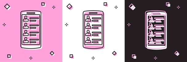 Set Smartphone met contacten op het scherm pictogram geïsoleerd op roze en witte, zwarte achtergrond. Inkomend gesprek. Mensen op het telefoonscherm. Bel het contact. Vector Illustratie - Vector, afbeelding