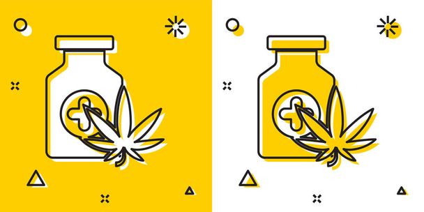 Musta Medical pullo marihuanaa tai kannabiksen lehtiä kuvaketta eristetty keltaisella ja valkoisella pohjalla. Pilkkaa kannabisöljyuutteita purkeissa. Satunnaisia dynaamisia muotoja. Vektorikuvaus - Vektori, kuva