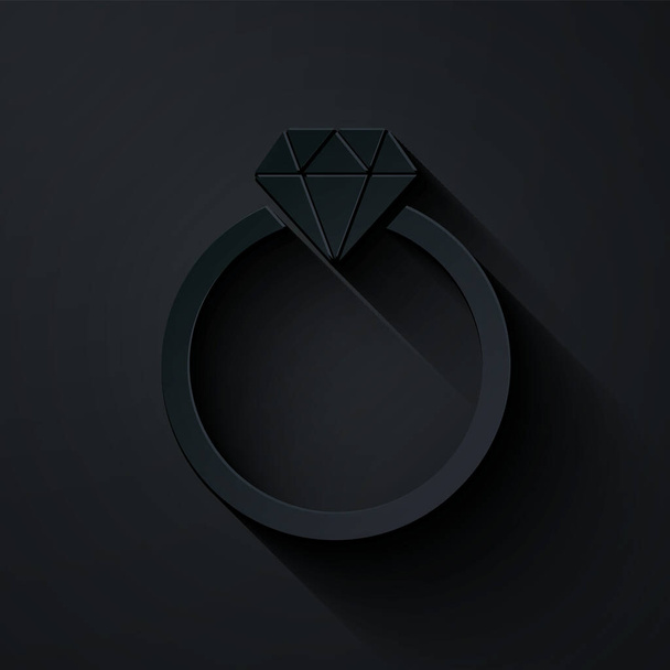 Kağıt kesiği Diamond nişan yüzüğü simgesi siyah arka planda izole edilmiş. Kağıt sanatı tarzı. Vektör İllüstrasyonu - Vektör, Görsel