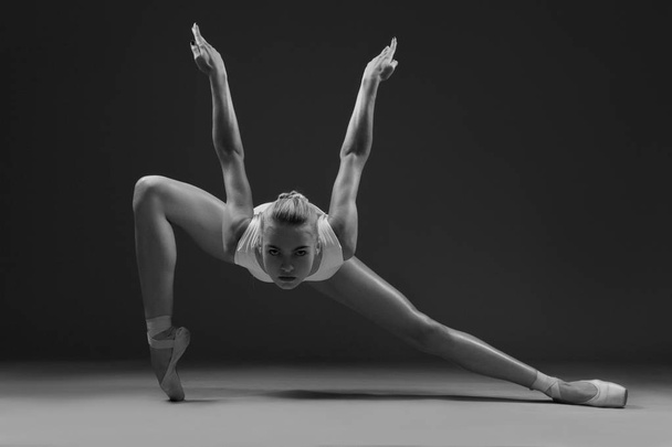 Ballerina che posa come un uccello con le scarpe da punta. Foto in bianco e nero
. - Foto, immagini