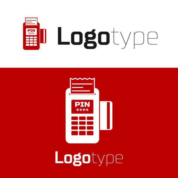 白の背景に隔離された挿入されたクレジットカードと印刷されたレシートアイコンを持つ赤いPOS端末。NFC決済コンセプト。ロゴデザインテンプレート要素。ベクターイラスト - ベクター画像