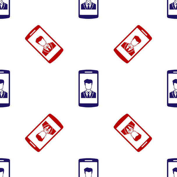 Μπλε και κόκκινο Smartphone με επαφή στην οθόνη εικονίδιο απομονωμένη αδιάλειπτη μοτίβο σε λευκό φόντο. Εισερχόμενη κλήση. Άνθρωπος στην οθόνη του τηλεφώνου. Κάλεσε την επαφή. Εικονογράφηση διανύσματος - Διάνυσμα, εικόνα
