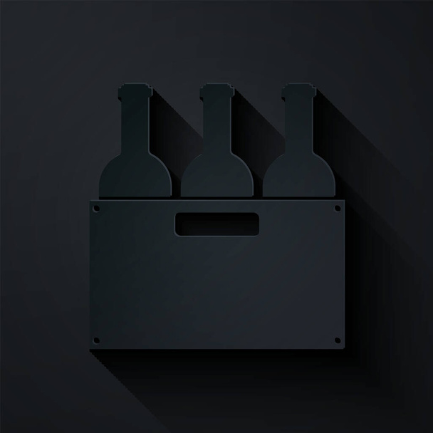 Corte de papel Botellas de vino en una caja de madera icono aislado sobre fondo negro. Botellas de vino en un icono de caja de madera. Estilo de arte de papel. Ilustración vectorial
 - Vector, imagen