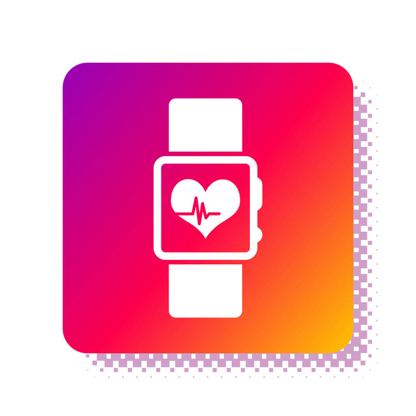 Λευκό Smart ρολόι δείχνει την καρδιά ρυθμό εικονίδιο που απομονώνονται σε λευκό φόντο. Fitness App έννοια. Τετράγωνο κουμπί χρώματος. Εικονογράφηση διανύσματος - Διάνυσμα, εικόνα