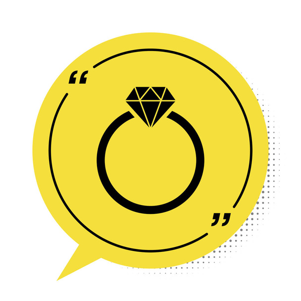 Black Diamond engagement ring icon isolated on white background. Yellow speech bubble symbol. Vector Illustration - ベクター画像