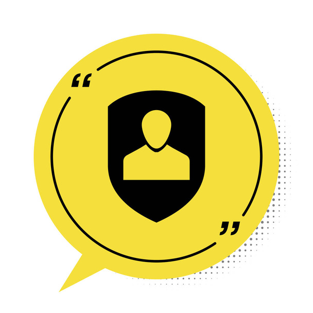 Czarna ikona ochrony użytkownika izolowana na białym tle. Bezpieczne logowanie użytkownika, hasło chronione, ochrona danych osobowych, ikona uwierzytelniania. Żółty symbol bańki mowy. Ilustracja wektora - Wektor, obraz