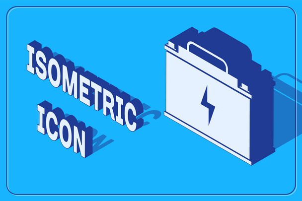 Isometric Car battery icon isolated on blue background. Accumulator battery energy power and electricity accumulator battery. Lightning bolt. Vector Illustration - Vector, Image