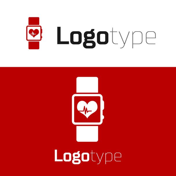 Czerwony zegarek Smart pokazuje ikonę tętna na białym tle. Koncepcja aplikacji fitness. Element szablonu logo. Ilustracja wektora - Wektor, obraz