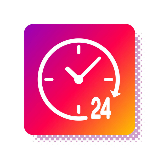 Witte klok 24 uur pictogram geïsoleerd op witte achtergrond. De hele dag cyclisch icoon. 24 uur service symbool. Vierkante kleur knop. Vector Illustratie - Vector, afbeelding