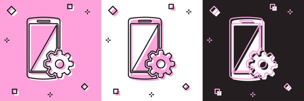 Definir configuração no ícone do smartphone isolado em rosa e branco, fundo preto. Telemóvel e equipamento. Ajuste, serviço, configuração, manutenção, reparação, fixação. Ilustração vetorial
 - Vetor, Imagem