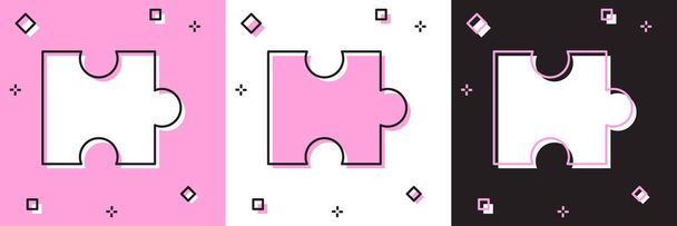 ピンクと白、黒の背景に隔離されたパズルアイコンのセットピース。現代のフラット、ビジネス、マーケティング、金融、インターネットの概念。ベクターイラスト - ベクター画像