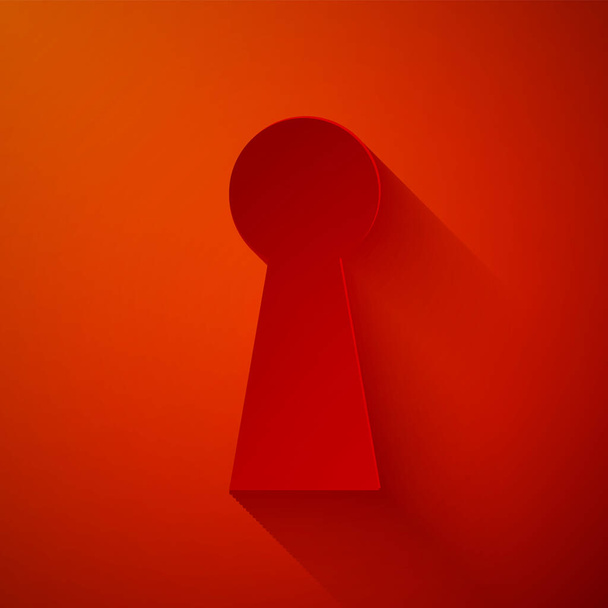 Papírvágás Kulcslyuk ikon elszigetelt piros háttérrel. A siker kulcsa. Kulcslyuk kifejezi a rejtély, a titok, a biztonság és a védelem fogalmát. Papírművészeti stílus. Vektorillusztráció - Vektor, kép