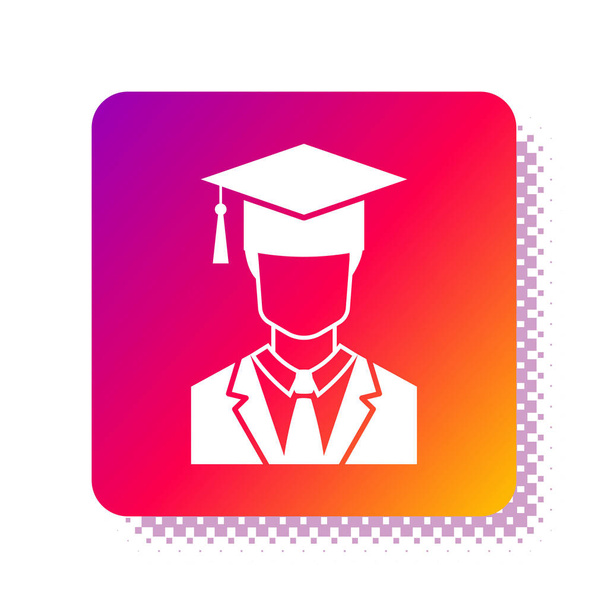 Λευκό Αρσενικό προφίλ μεταπτυχιακών φοιτητών με φόρεμα και καπέλο αποφοίτησης εικόνα απομονώνονται σε λευκό φόντο. Τετράγωνο κουμπί χρώματος. Εικονογράφηση διανύσματος - Διάνυσμα, εικόνα