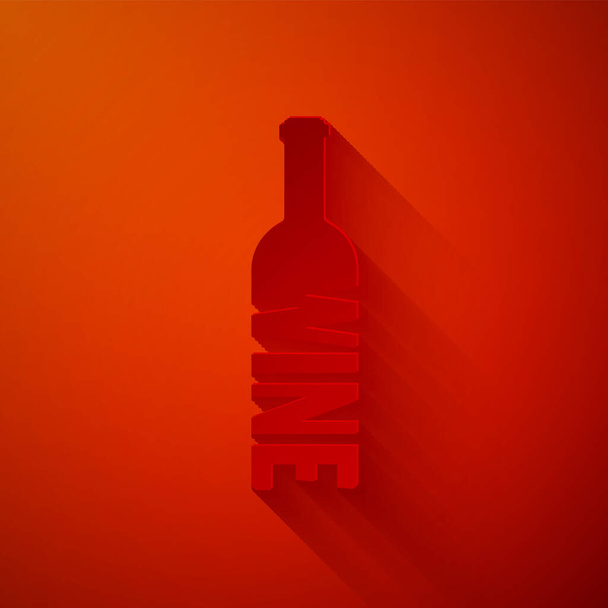Paper cut Bottle of wine icon isolated on red background. Lettering bottle of wine. Paper art style. Vector Illustration - Vector, Image