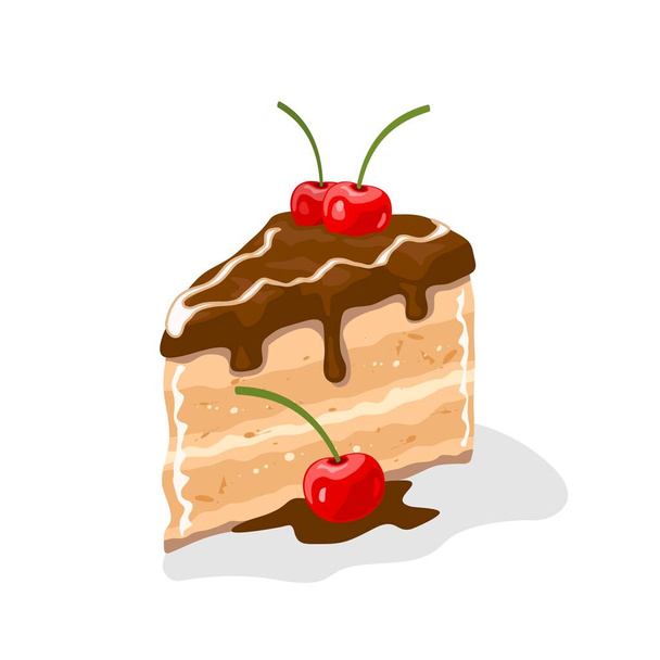 Yummy piece of layer cake, gateau coated by chocolate buttercream with cherries on top. - Wektor, obraz