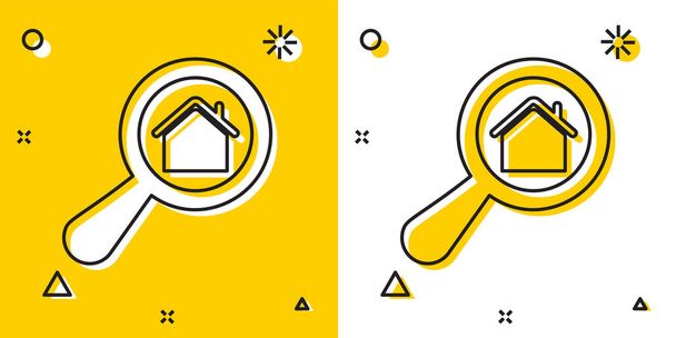 Czarna ikona domu wyszukiwania izolowana na żółto-białym tle. Symbol nieruchomości domu pod szkłem powiększającym. Przypadkowe dynamiczne kształty. Ilustracja wektora - Wektor, obraz