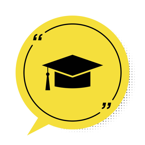 Black Graduation cap icon isolated on white background. Graduation hat with tassel icon. Yellow speech bubble symbol. Vector Illustration - Vector, Image