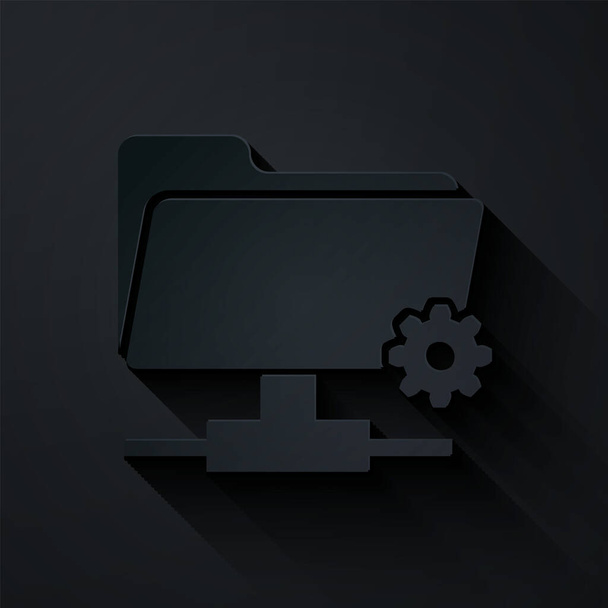 papiergeschnittene FTP-Einstellungen Ordnersymbol isoliert auf schwarzem Hintergrund. Software-Update, Übertragungsprotokoll, Router, Teamwork-Tool-Management, Kopierprozess. Papierkunst. Vektorillustration - Vektor, Bild