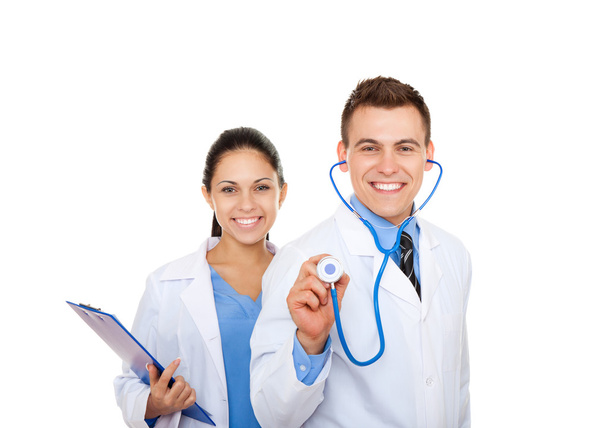 Man and woman with stethoscope holding folders - Foto, afbeelding
