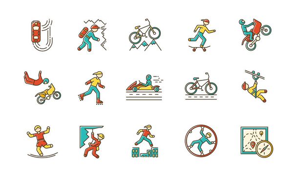 Extreme sports color icons set. Climbing, mountaineering. Spelunking. Cycling, rollerskating. Motorcar racing. People doing stunts. Street culture. Orienteering skill. Isolated vector illustrations - Vector, Image