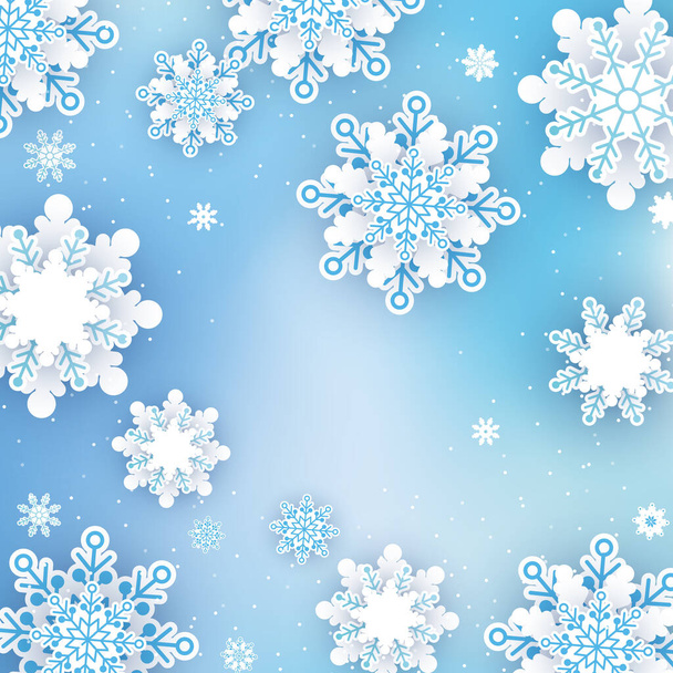 Neujahrs- und Weihnachtskarte aus zweifarbigen Schneeflocken in blau und grau auf weißem Hintergrund. Vektorillustration - Vektor, Bild