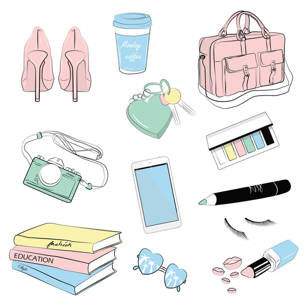 Vector illustration of woman accessories set. Hand-drown objects - Vetor, Imagem