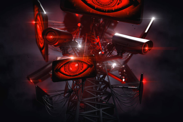 A Nagy Testvér szeme a toronyból figyeli a kamerákat. Folyamatos megfigyelés és adatgyűjtés a mesterséges intelligencia által. Társadalmi hitelrendszer fogalma. 3D-s renderelés - Fotó, kép