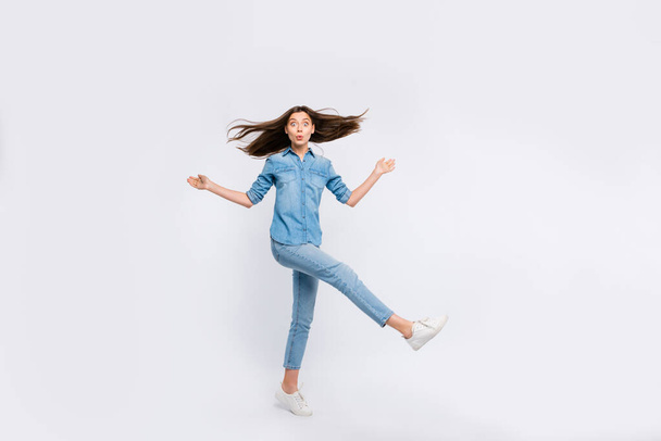 Full length body size view of her she nice attractive lovely funny girlish funky cheerful cheery positive teenage girl having fun time isolated over light white color background - Photo, Image