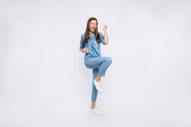 Full length body size view of her she nice attractive lovely ecstatic glad cheerful cheery positive girl having fun rejoicing celebrating attainment isolated over light white color background - Fotó, kép