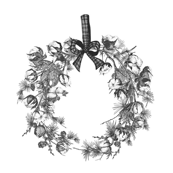 Hand drawn botanical sketch garland with christmas plants Vintage engraving black and white style illustration Traditional holiday decoration. - Vetor, Imagem