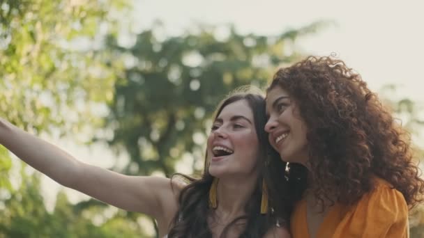 Belles jeunes filles heureuses amis gesticuler et s'amuser tout en prenant selfie photo sur smartphone assis dans le parc
 - Séquence, vidéo