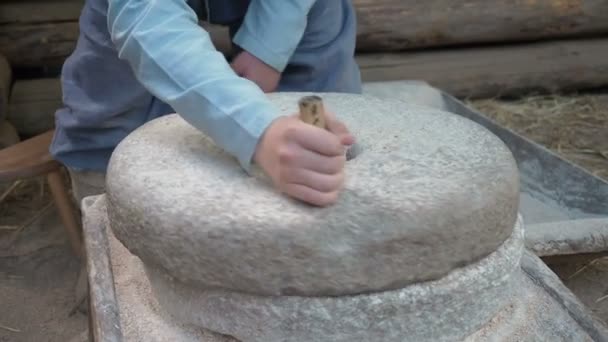 Стародавній кам'яний ручний млин з зерном. Людина подрібнює зерно в борошно за допомогою млину. Чоловічі руки обертають млиновий камінь. Старі шліфувальні камені, повернуті людськими руками
 - Кадри, відео