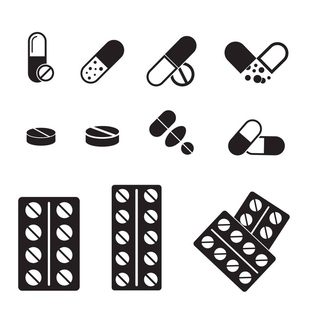 薬のアイコンがセットされた錠剤、カプセル、薬、薬、薬などのアイコン. - ベクター画像