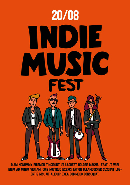 Indie muziek festival poster of flyer template. Illustratie van muzikanten en indie rock fest inscriptie op gele achtergrond. Sjabloon voor banner, kaart, poster. Vector. - Vector, afbeelding