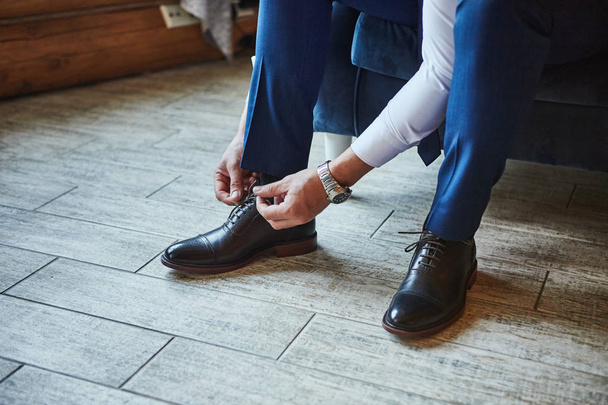 businessman clothes shoes, man getting ready for work,groom morning before wedding ceremony. Men Fashion - Φωτογραφία, εικόνα