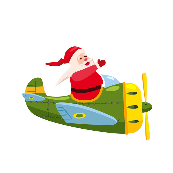 Weihnachtsmann fliegendes Flugzeug Retro-Vintage. Vektor isolierter Cartoon-Stil - Vektor, Bild