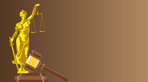 Visitenkarte für einen Anwalt oder einen Justizbeamten. Statue der Gerechtigkeit mit Richtergabel auf braunem Hintergrund - Vektor, Bild