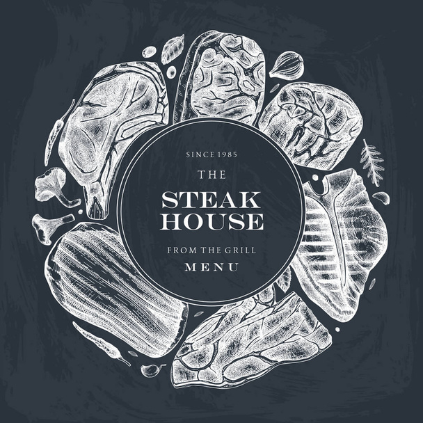 Beef steaks vector wreath design. Raw meat top view drawings. Ha - Vektor, kép