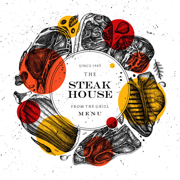 Beef steaks vector wreath design. Raw meat top view drawings. Ha - ベクター画像