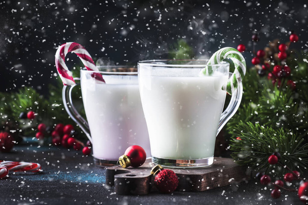 Hot winter white drink with candy sticks, Christmas or New Year decorations, dark background, rustic style, copy space - Foto, Imagem